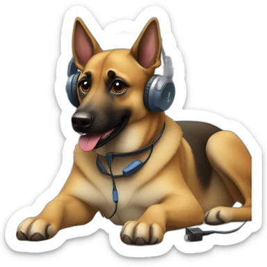 malinois dog with headphone and PlayStation controller sticker