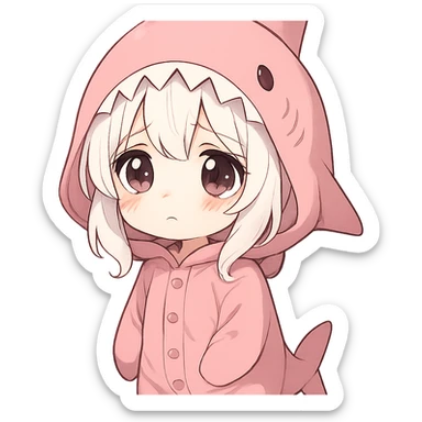 adorable anime girl, white hair, pink shark onesie, big sad eyes sticker