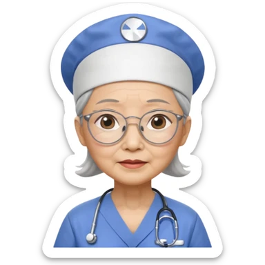 OLD ASIAN WOMAN WITH GLASSES, NURSE SCRUBS, CAP, NO HAIR SHOWING sticker