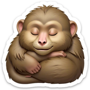 Meme-Worthy Cute Sleeping Baboon Portrait Emoji, Head resting peacefully with a contented smile, showcasing a robust build and a luxuriously soft Fur of earthy browns, eyes shut in a serene, restful nap, Simplified yet hilariously adorable features, highly detailed, glowing with a soft, drowsy light, high shine, relaxed and utterly lovable, stylized with an air of playful laziness, bright and heartwarming, soft glowing outline, capturing the essence of a comically sleepy baboon, so meme-worthy it feels like it could instantly become the next viral sensation of adorable slumber! sticker