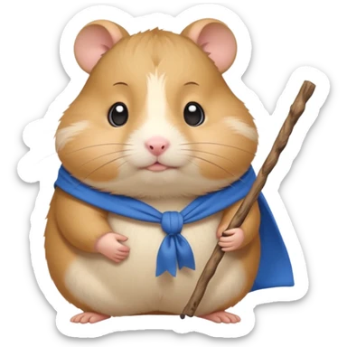 Cute fat cartoon-style hamster carrying a stick with a tied blue cloth bundle (bindle) over its shoulder with a melancholy expression. sticker