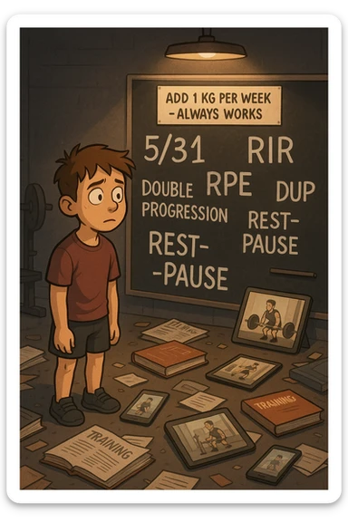 Giovane neofita in palestra, con uno sguardo perso davanti a una lavagna piena di metodi di progressione (5/3/1, RIR, RPE, double progression, DUP, rest-pause). È circondato da libri di allenamento e video tutorial su tablet e smartphone. Dietro di lui, un cartello piccolo ma chiaro: 'Aggiungi 1 kg a settimana – funziona sempre'. Atmosfera caotica intorno, ma luce calda sul messaggio semplice sticker
