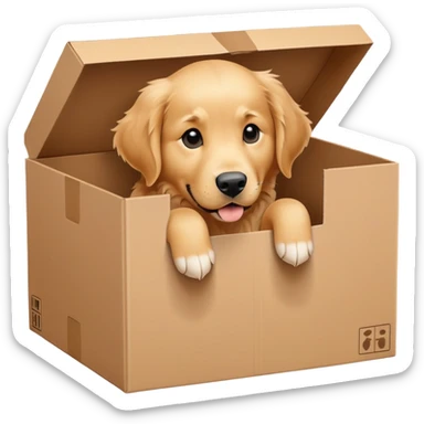  A very cute young Golden Retriever  with one's head tilted to one side poked its paws out of the cardboard big box and placed them on top of it sticker
