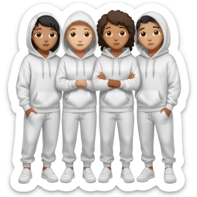 four mixed race friends all wearing white oversized hoodies with the all of the hoods up, white sweatpants, and white slides huddled together hugging sticker