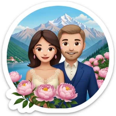 Couple traveling in Montenegro russian man and elegant  Latina girl delicate peonies and mountains in the background  sticker
