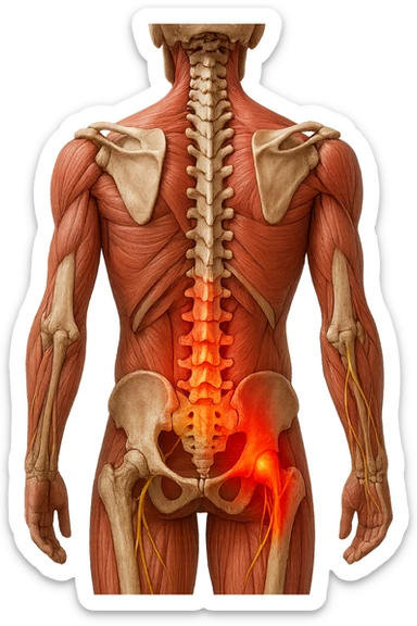 CORPO UMANO ANATOMICO REALISTICO DI SPALLE CON DOLORE ALLA LOMBARE INFIAMMATA, DOLORE ALL'ANCA, IPERREALISTICO 4K sticker