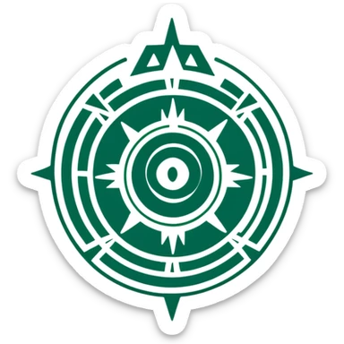 Maya sun symbol hieroglyph with precise geometric shapes, flat design, strictly white and deep green only, sharp angular lines, no curves sticker