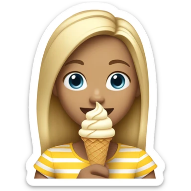 Girl with blonde hair, blue eyes, yellow striped shirt, holding vanilla ice cream cone sticker