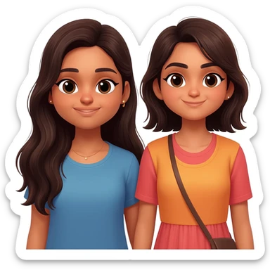 Two girl besties with dark brown hair Indian skin one has long hair one has shoulder length hair and a bit longer sticker