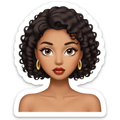Glamourous, brown skin tone, very beautiful woman, with big plump lips, long long lashes, black curly smooth short hair, brown eyes sticker
