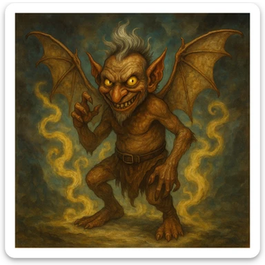 Add a smoky, magical background behind Igor the mephit, keeping the fantasy vibe. Maintain the fantasy style and atmosphere in the background to complement the character. sticker