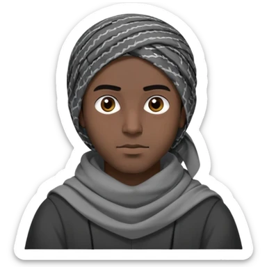 người đàn ông 30 tuổi, da đen, tóc ngắn màu đen, đội khăn kaffiyeh trùm đầu màu xám, mặt ngầu, áo đen, nửa thân treen sticker