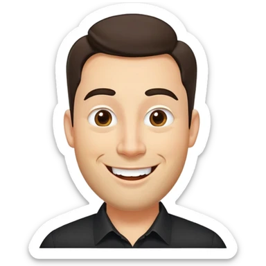 Fuller-figured businessman with light brown complexion, pear-shaped face with wider jawline, very friendly open expression, laughing smile, kind approachable eyes, thick eyebrows, wide nose, short neat beard, short dark hair, wearing a black shirt sticker