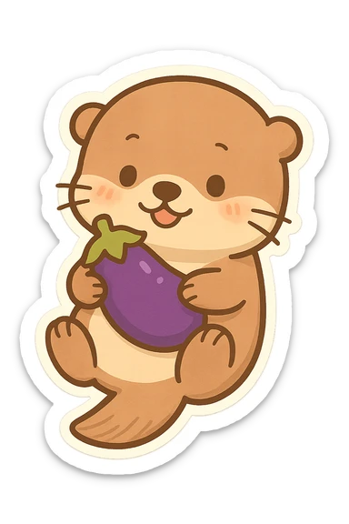 sea otter with an eggplant on its belly, cartoon style, chibi stickers style, simple and cute sticker