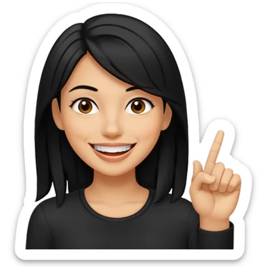 Haz una imagen de una mujer con cabello negro con cabello en capas , con una sonrisa en su cara y la punta de su dedo indice entre sus dientes sticker