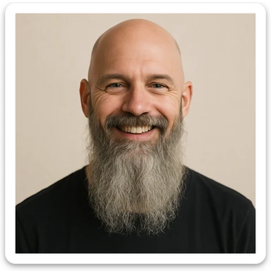 a bald man with a long grey beard, smiling, minimal background sticker