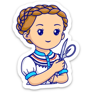 Ukrainian young girl with braided hair wearing a white embroidered traditional shirt (vyshyvanka) holding scissors and colorful craft paper sticker
