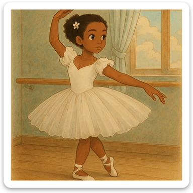 Make her a ballerina with dark skin and curly black hair in Ghibli style illustration. sticker