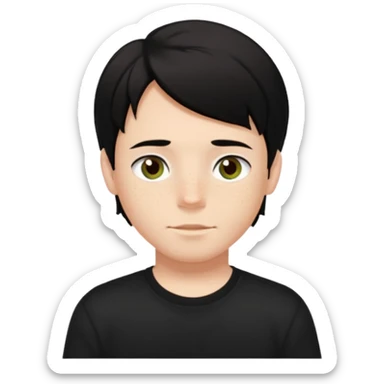 A boy with dark black hair and hazel green and brown eyes and white skin , with freckles and black t shirt with middle part hair hair with a center part haircut  sticker