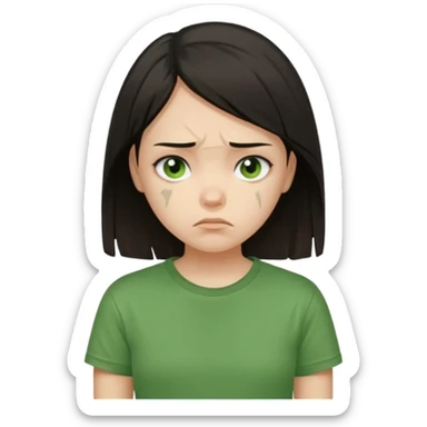 Young girl with straight, dark hair, damaged and unattractive, wearing a green T-shirt, looking sad sticker