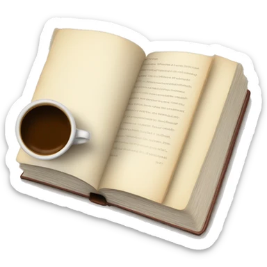 An open book on desk with cup of steaming coffee  sticker
