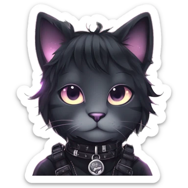 Gorgeous sparkly legendary gradient gothic dark techwear anime style anthro cat with blushing face aesthetic and pretty edgy black with collar and harness trending style sticker