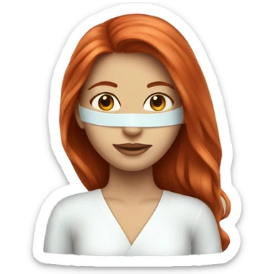 Red-haired girl with long hair in a spa mask sticker