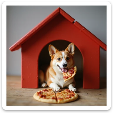 realistic red dog house with a Corgi dog inside, Corgi with a pizza slice, photorealistic style sticker