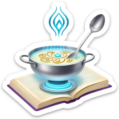 Ethereal floating cookbook with luminous aura, mystic fork and spoon symbol on cover radiating with magical energy, recipe collection sticker