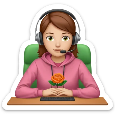 woman, brown hair, middle european, wearing a headset and rose sweatshirt. sitting in the office. she is controling limits on screen: green = ok, orange = bald überschritten, re = limite überschritten sticker