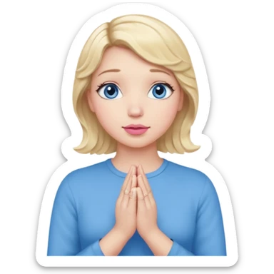 Girl Blonde short wavy hair,  blue eyes, cute blue top, long lashes, pink lips, praying hands sticker