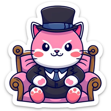 adorable pink cat mafia boss sitting on throne sticker