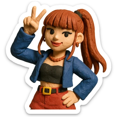 K-pop idol inspired by Blackpink, textured details, fun pose, modern outfit, claymation style sticker