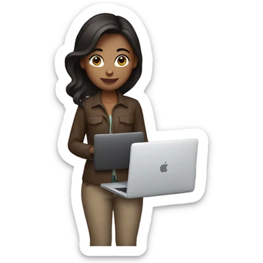 A photographer girl with dark brown hair holds a MacBook in her hand sticker