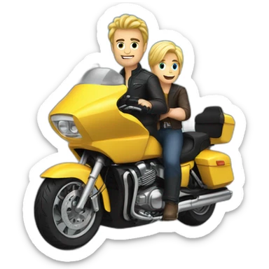 blonde man with dark haired man behind on motorbike sticker