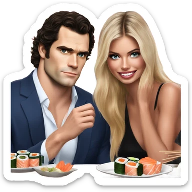 realistic photo of Henry Cavill with a beautiful  victoria secret model on a sushi date sticker