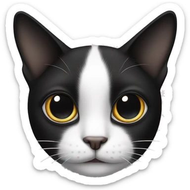 Black and white cat with a black spot on right eye and black left and right ear sticker