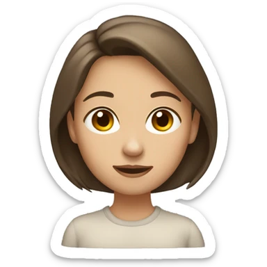 create a female with her hands her chin, lowavy brown hair , sticker