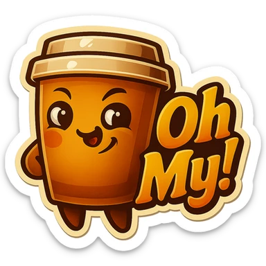 Tall coffee cup, mischievous smirk, looking sideways, big "Oh My!" sticker