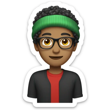 Unisex person ’light skin’ ’short curly dark green hair’ in a ’red Santa hat’ and black tshirt and round glasses  sticker