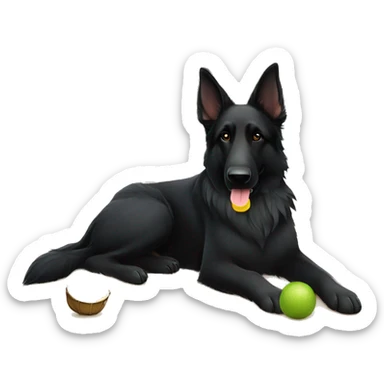Black long haired german shepherd laying on the beach under a tiki hut with a margarita  sticker
