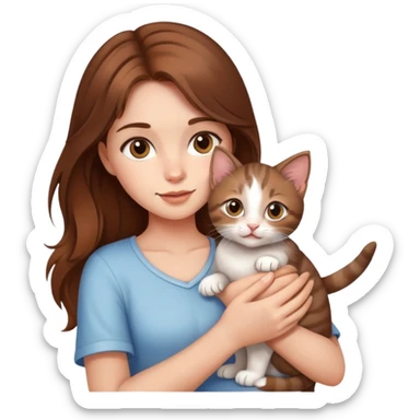 A beautiful brown-haired girl holding a kitten sticker