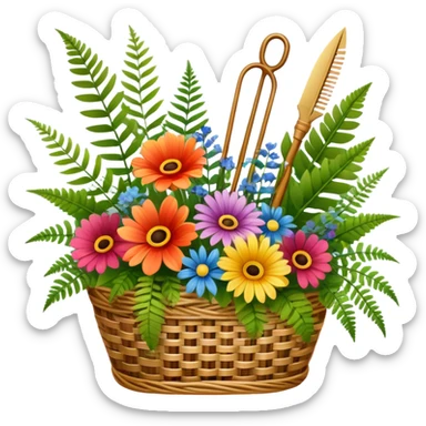 Icon for Floristry: a bouquet of flowers in a woven basket, with reeds, ferns and floral arranging tools like scissors and a flower stem. The icon should represent creativity in flower design and arranging. Transparent background. sticker