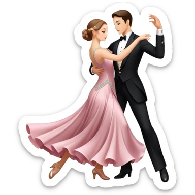 Icon for Ballroom Dancing: a couple in an elegant dance pose, with flowing dresses and tuxedos, surrounded by dance floor lights. The icon should convey the grace and elegance of ballroom dance, with focus on movement and precision. Transparent background. sticker