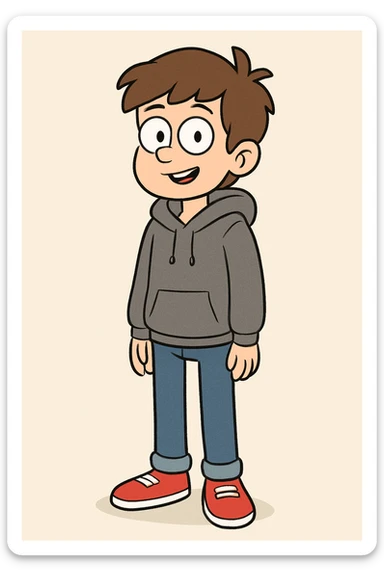 a boy brown hair grey awdis kids hoodie blue jeans red shoe  sticker