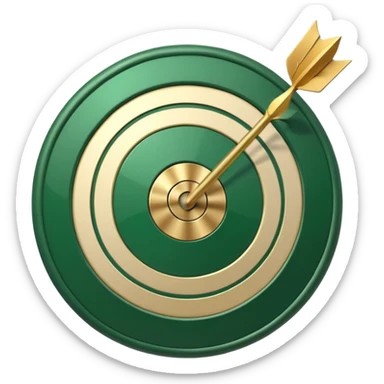 3D target icon with arrow hitting bullseye, modern glossy style, deep green (#0B3D2C) rings, gold (#C9B037) center and arrow, subtle glow, transparent background, premium render sticker