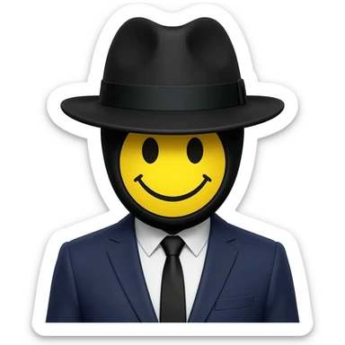 apple style emoji, man in a suit and fedora with a mask on his face that is just a yellow smiley face sticker