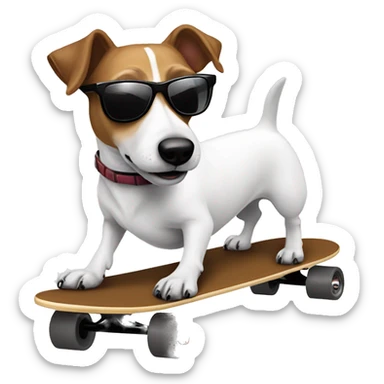 White & brown Jack Russel Terrier on a skateboard with sunglasses sticker