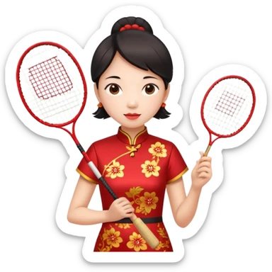 ancient cheongsam girl with 1 badminton racket, red sticker