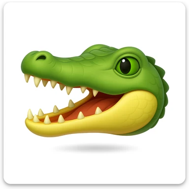 Create a crocodile emoji that looks exactly like the reference image in iOS emoji style. The emoji should be 3D with shiny, smooth gradients, soft shadows, and a realistic crocodile head with green scales and an open mouth, capturing the classic emoji look. Add a soft shadow under the head. sticker